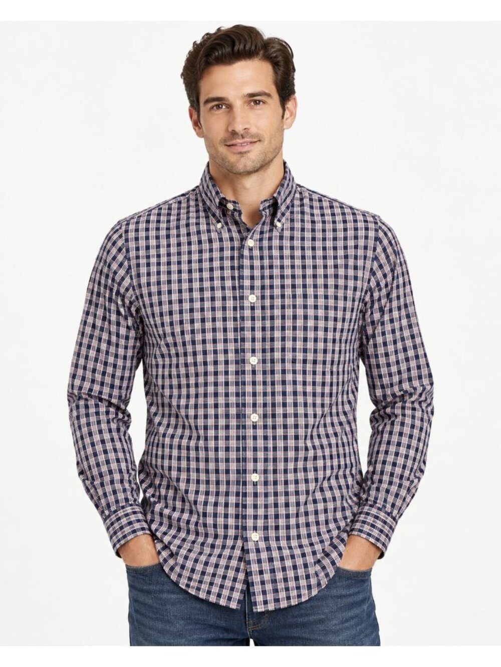 Brooks Brothers Mens Regent Shirt Fitted Red Blue Plaid Long Sleeve Size M